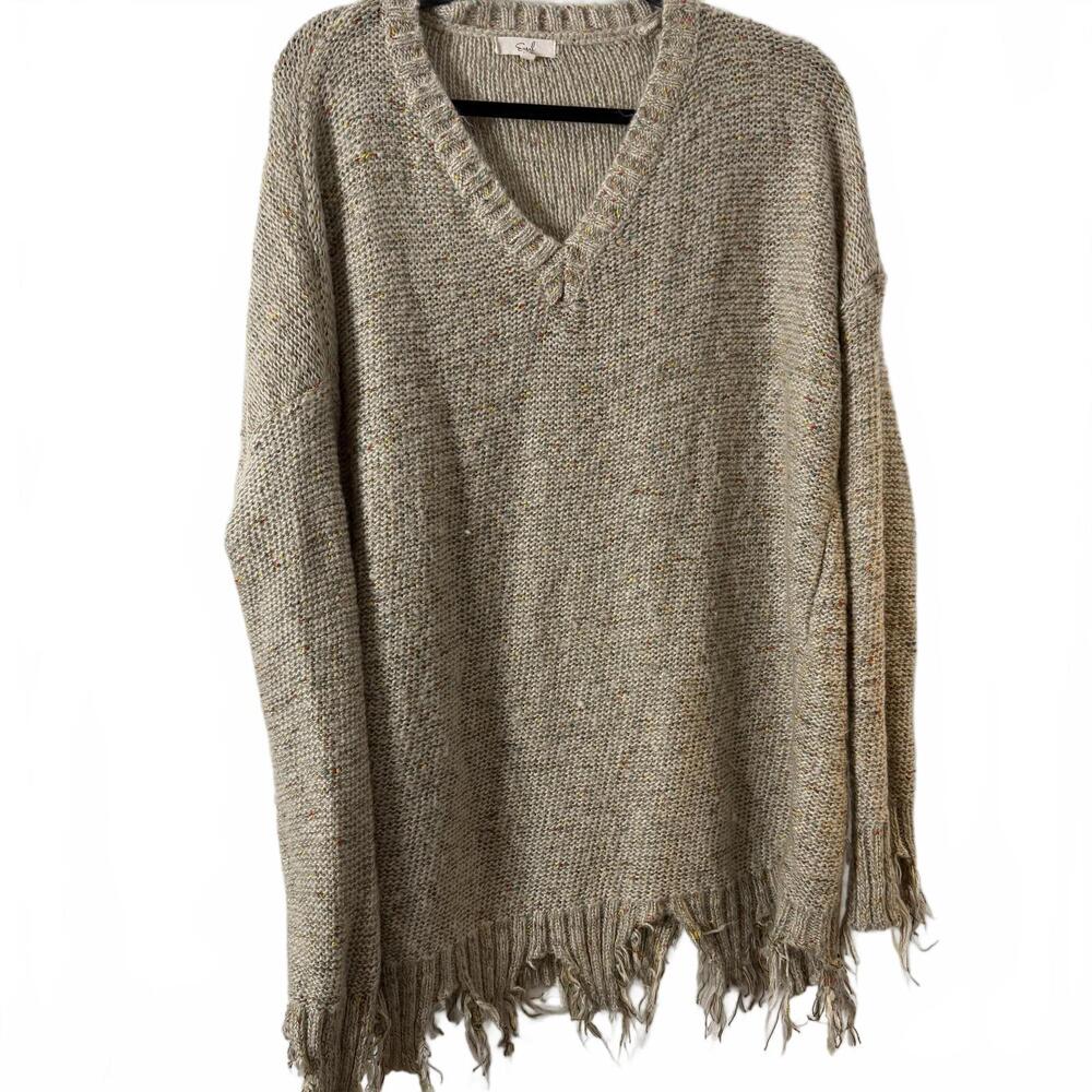 EASEL Heather Tan Oversized BOHO Shark Bite Fray V Neck‎ Sweater Womens SZ M/L
